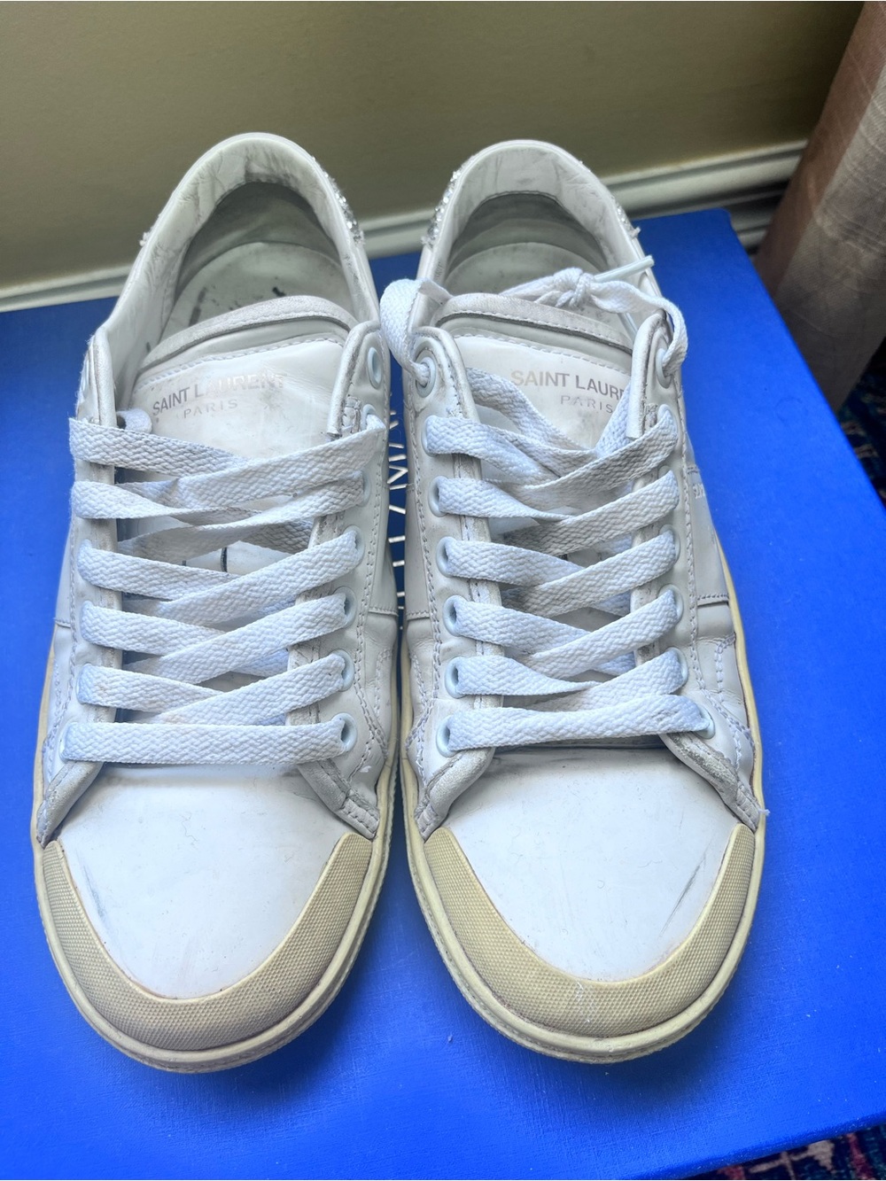 Saint Laurent Distressed White Leather Sneakers